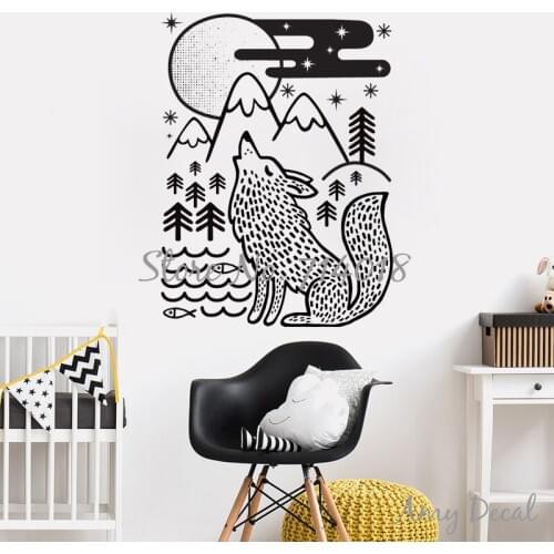 Wolf Wall Decal Wilderness Forest Night Sky Vinyl Wall Sticker Nursery Wall Decor Art Murals Kids Room Decor Vinyl Stickers A966
