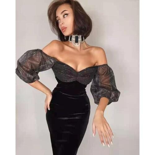 High Quality Women Black Sexy Off Shoulder Sparkling Tulle Stitching Design Puff Sleeve Celebrity Party Velvet Vestido