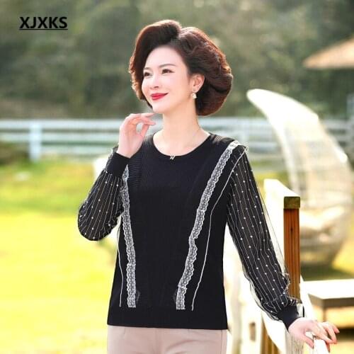 XJXKS 2021 spring autumn new women thin sweater high quality comfortable knitted stitching chiffon sleeve women tops pullover