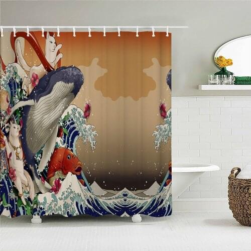 Japanese style print ocean wave kanagawa shower curtain waterproof bathroom layout home decoration