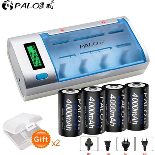 Palo LCD smart battery charger for 1.2V AA AAA C D 9V battery+4pcs Ni-MH 4000mAh Rechargeable C Battery Pre-charged fast charge