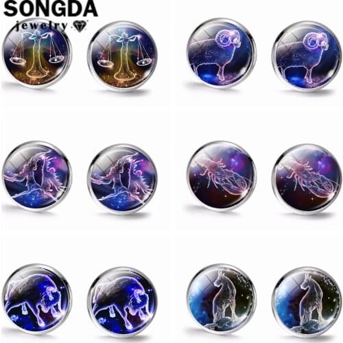 SONGDA 12 Constellation Aries Leo Pisces Earrings Zodiac Sign Art Pattern Glass Gem Stud Earrings for Women Girls Birthday Gift