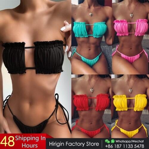 2021 Sexy Casual Ruffles Bandage Women Bikini Set Pure Color Sumwear New 2020 Push Up Padded Women Swimwear Bathing Suit