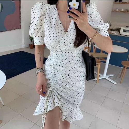 Women Summer Dress V-neck Puff Sleeve Cute Polka Dot Dress Drawstring Wrinkled Slim Pencil Dress Ruffled Short Dress Vestidos