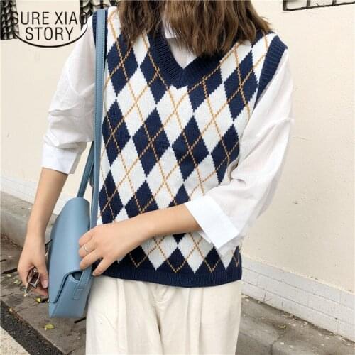 New Spring Autumn Casual Loose Sweater Vest Women Pullover Vest Sweet Sleeveless Plaid Knitted Vests Female Korean Sweater 11832