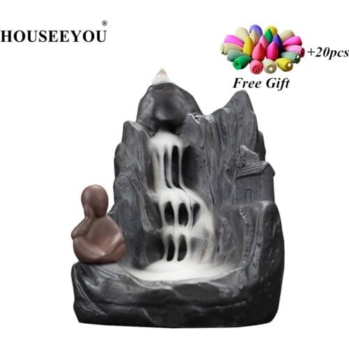 10Pcs Incense Cones Chinese Mountain Little Monk Waterfall Burner Backflow Incense Holder Ceramic Made Censer Incense Burner