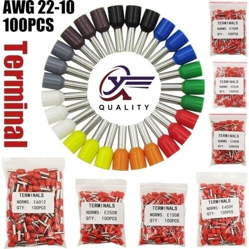 100pcs/Pack E0508 E7508 E1008 E1508 E2508 Insulated Ferrules Terminal Block Cord End Wire Connector Electrical Crimp Terminator