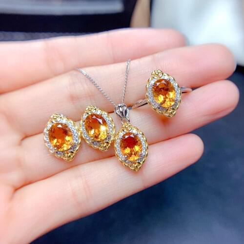 2021 Fashion Fine Natural Citrine Jewelry Set Crystal Clean Color Good Seiko Silver Inlaid Ring Pendant Earrings For Women Gift