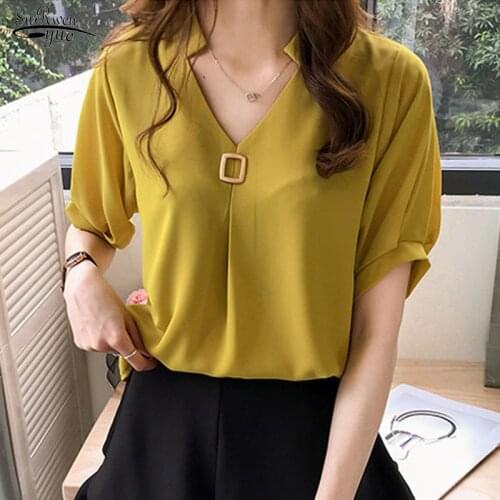 2021 Summer New Korean Loose Slim Plus Size 4XL Ladies' Tops Solid Color V-neck Short Sleeve Elegant Chiffon Blouse Women 9313
