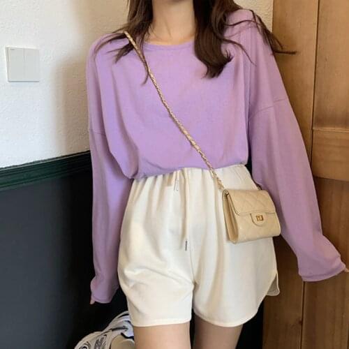 Basic T Shirt Cotton Women Top Long Sleeve Spring Autumn 2020 Harajuku Tee Solid Color Lilac Tshirts O-Neck Loose Shirt T-shirt