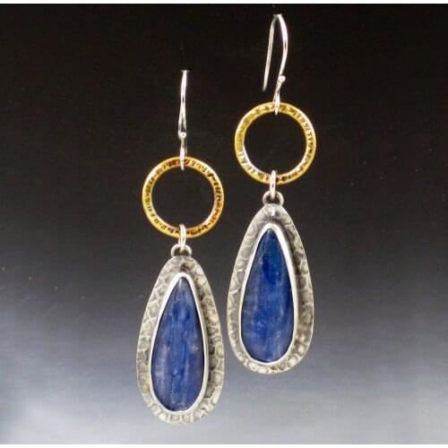 Craftsman Hammers Antique Lapis Lazuli Earrings Electroplated Silver Oxide Kyanite Long Earring Fashion Jewelry Anniversary Gift