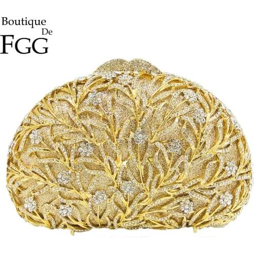 Boutique De FGG Elegance Dazzling Women Gold Crystal Purse Evening Clutch Bag Bridal Flower Handbag Wedding Party Metal Clutches