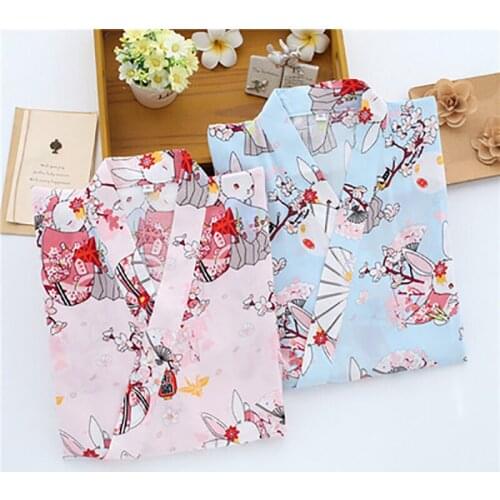 Japanese Women Pray Rabbit Print Kimonos Long Robe Cotton Nightgown Bath Robes Kimonos Cosplay Anime Bunny Pattern Sleep dress