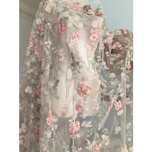 Luxury pink applique peal beaded cotton lace fabric for wedding dress tissu telas material DIY velvet patchwork fabric