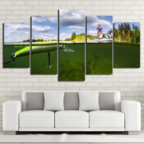 Canvas Painting Printed Modular Unframed Picture Large 5 Panel Green Lake Fishing For Bedroom Living Room Home Wall Art Decor