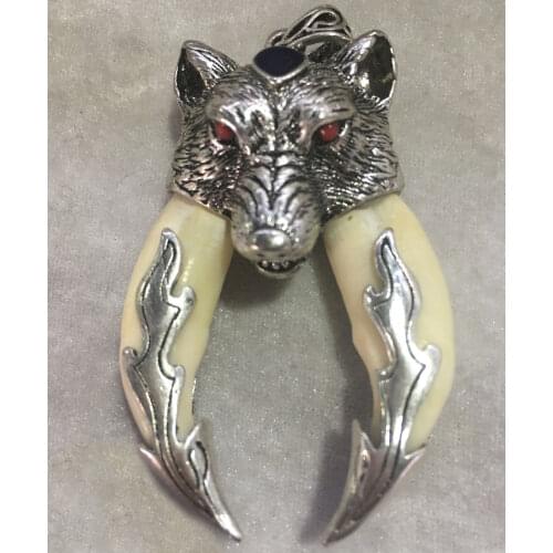 Chinese double boar tooth silver Wolf protective talisman pendant antique