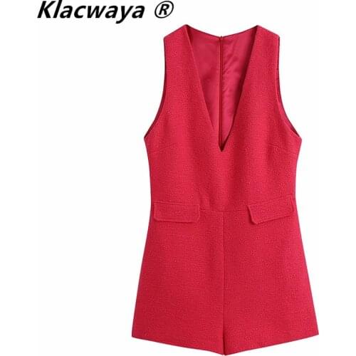 Klacwaya Za Women Summer V-Neck Texture Red Playsuits Chic Lady Elegant Back Zipper Sleeveless Pockets Short Jumpsuits
