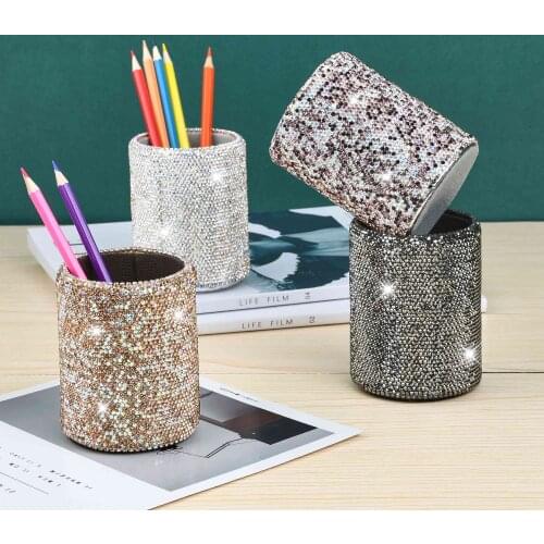 Round Bling Rhinestone Covered Pen Holder Pencil Stationery Cup Accessories Desk Organizer for Home Office Study