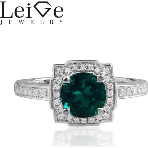 Leige Jewelry Lab Emerald Rings Round Cut Halo Wedding Rings For Woman 925 Sterling Silver May Birthstone