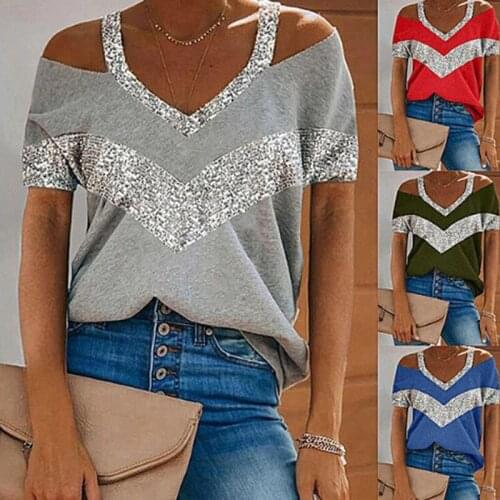 Summer Patchwork T Shirt Women Casual Short Sleeve V Neck T-shirt Sexy Cold Off Shoulder Top Tee Shirt Femme Camisas De Mujer