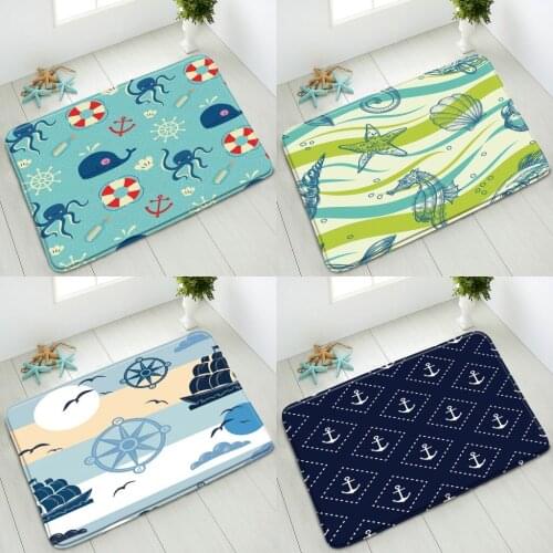 Cartoon Nautical Ocean Animals Non-slip Bathroom Mat Octopus Whale Anchor Lifebuoy Bedroom Kitchen Doormat Rug Absorbent Carpet
