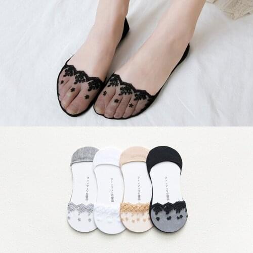 4pairs Spring Summer Womens Lace socks Slippers Boat Socks Non-slip Silicone Cotton Bottom Socks Women Invisible socks