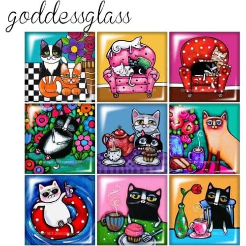 New Colorful Cute Cat Painting style cats Square 10pcs mixed 12mm/20mm/25mm/30mm photo glass cabochon flat back Making findings