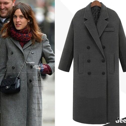 JAPPKBH Autumn Winter Wool Long Coat Jacket Casual Double Breasted Christmas Blazer Outwear Elegant V-neck Women Coat Bayan Mont