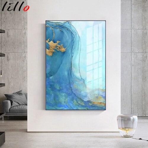 Blue golden texture canvas modern rte abstract painting poster and modern wall print image for living room decor