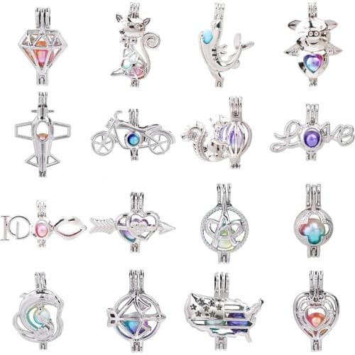 1pc Silver Plated Cat Heart Flower Conch Arrow Flag Pearl Cage Pendant Bead Cage Essential Oil Diffuser Lockets Jewelry Making