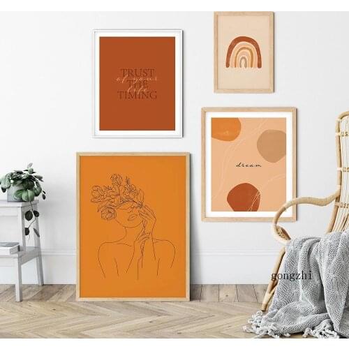 Trust The Timing Poster Orange Abstract Geometric Line Woman Face Canvas Paintings Prints Gallery Wall Art Picture Bedroom Decor