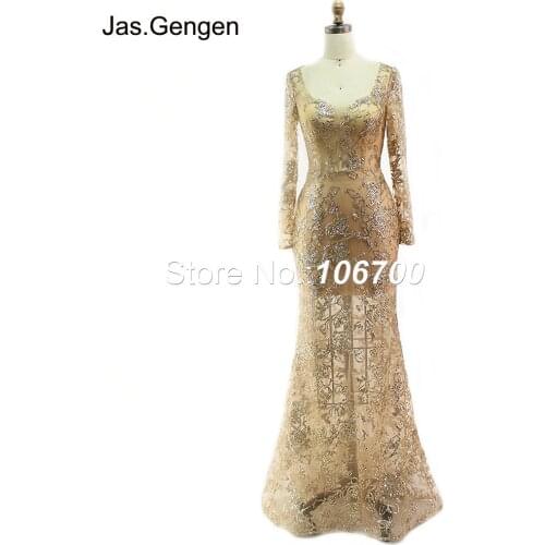 Bling Glittering Mermaid Prom Dresses Long Sleeves Sheer Illusion Gold Color Party vestido de festa Evening Gowns New