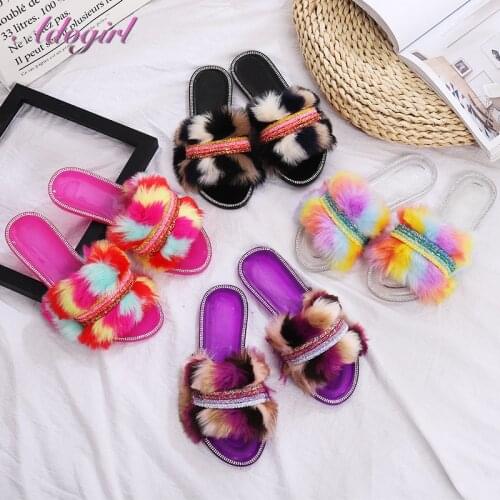 Women Fluffy Slides Shoes Casual Fur Diamond rainbow Home Slippers Summer Outdoor Flat Flip Flops Casual Beach Sandals Shoes