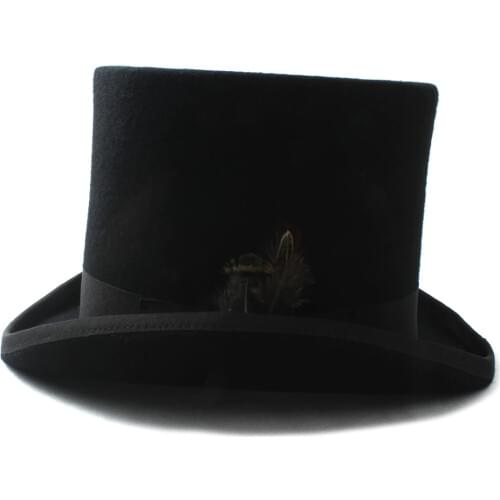 100% Wool Black Women Men Steampunk Top Hat With Feather Mad Hatter Victorian Church Fedoras Hat Gentleman Performing cap 17CM