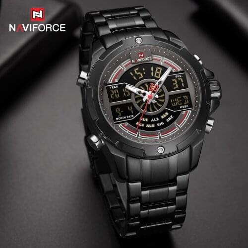 Top Business Watch Men NAVIFORCE Black Stainless Steel Dual Display Multifunction LED Digital Quartz Waterproof Reloj Hombre