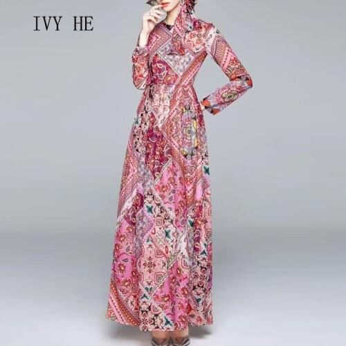 IVY HE High Quality Autumn Dress Woman Clothing Chiffon Printing With Silk Scarf Long Dress Holiday Vintage Party Dresses ZAfu