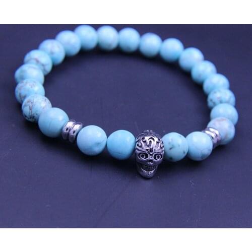 Wonlee Winle 8mm Turquoises Stone Beaded Stretch Bracelets for Men&Women Stainless Steel Skull Charms Strand Bracelet