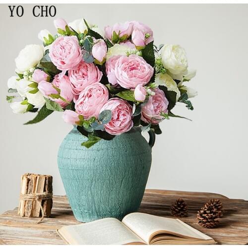 YO CHO 5 Heads Roses Artificial Flowers White Peonies Pink Silk Flowers Fake Roses Peony Bouquet Wedding Decor for Home Flowers