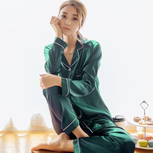 2 Piece Autumn Women Sleepwear Faux Silk Satin Pajamas Set Long Sleeve Pajamas Suit Female Pijamas Women