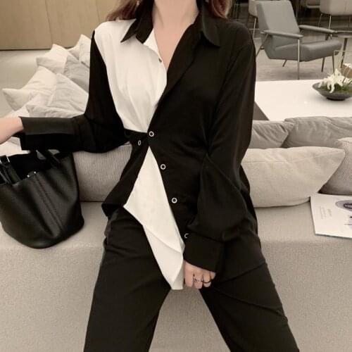 2021 new design shirt women black and white stitching contrast color long-sleeved shirt top patchwork Broadcloth