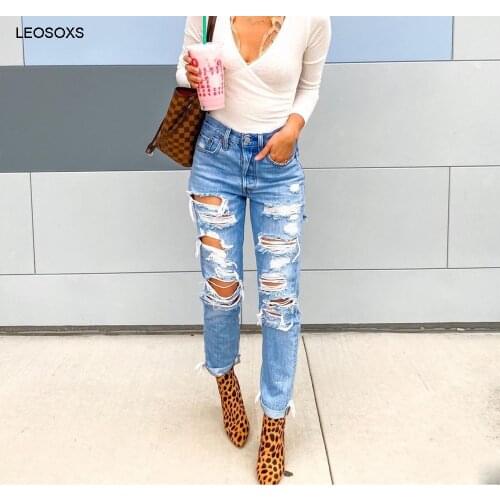 Summer Womens Jeans 2021 New Fashion Ripped Straight-leg Pants Blue Middle Waist Denim Trousers Streetwear