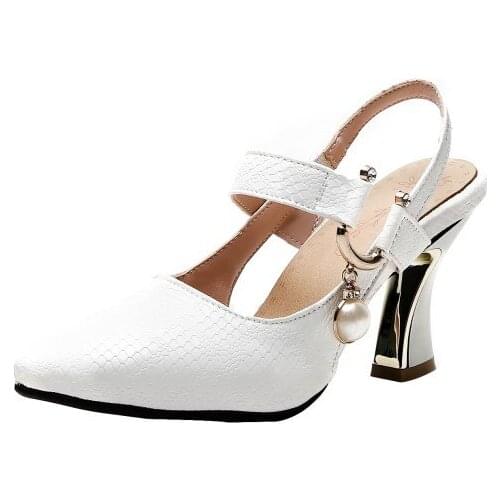 Big Size 11 12 13 14 ladies high heels women shoes woman pumps Tip-on buckle special-shaped heel metal decorative single shoe