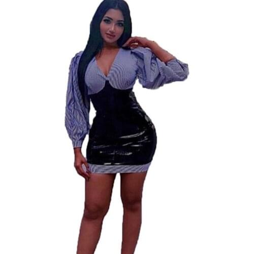 Women Lantern Sleeve Bodycon Mini Dress Sexy V-neck Faux Leather Splice Striped Blouse Dress Elegant Night Short Party Dresses