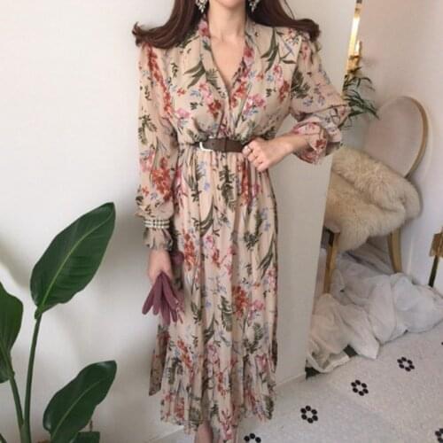 Maxi Dresses For Women Vintage Chiffon Floral Early Spring Dress Shows Thin Temperament V-neck Long Dress Women Clothes