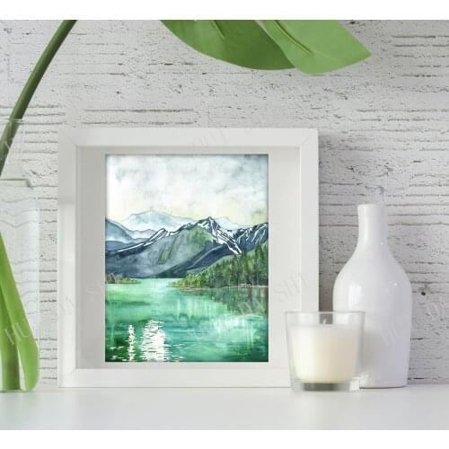 Mountain Lake Painting - Print of Mountain Landscape, Forest Print, Watercolor Landscape, Abstract Art