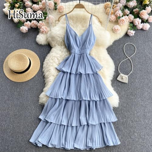 2021 summer new women sling deep v-neck layer ruffles chiffon A-line dress female strap Chic elegant waist tiered dresses