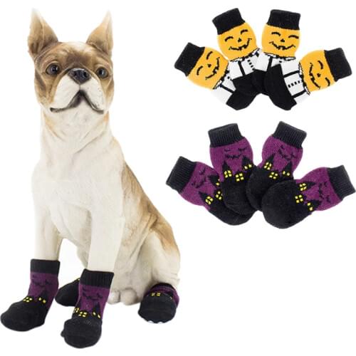 4Pcs Puppy Dog Shoes Cute Cartoon Non-Slip Knit Pet Socks Soft Warm Dog Boots Dog Cat Winter Clothes S-XL