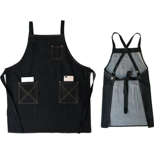 Black Blue Denim Bib Apron Barber Barista Florist Cafe Bar Chef Bistro Uniform Painter Tattoo Artist Gardener Baker WorkWear K28