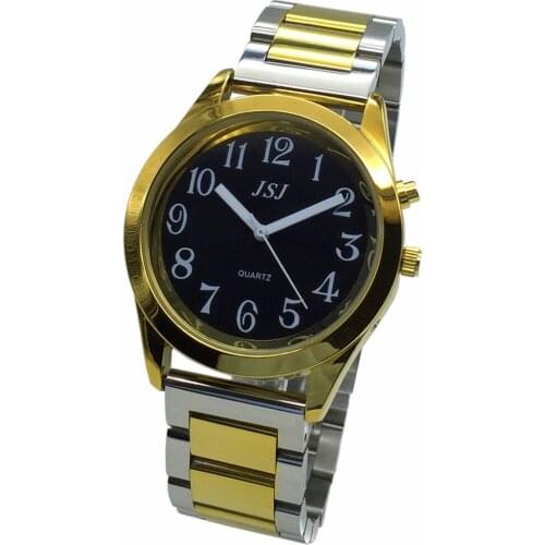 French Talking Watch with Alarm Function, Talking Date and time, Black Dial, Folding Clasp, Golden Case TAF-805