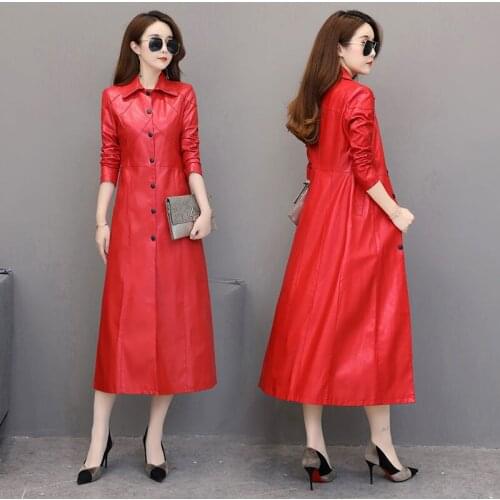 HStar Autumn Faux Leather windbreaker Womens PU Overcoat Vintage Long Temperament Thick Casual Leather Trench Coat Outwears